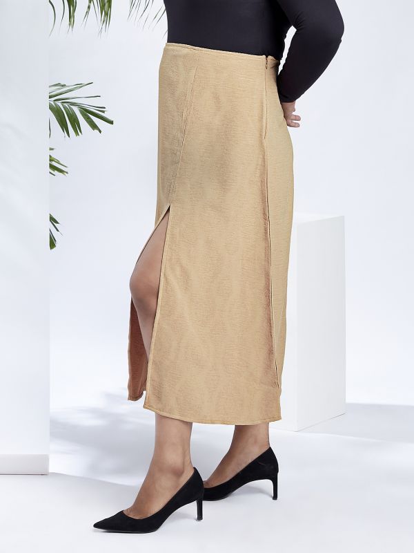 Globus Gloplus Women Beige Mid-Rise Self Design Bohemian Front Slit Plus Size A-Line Midi Skirt
