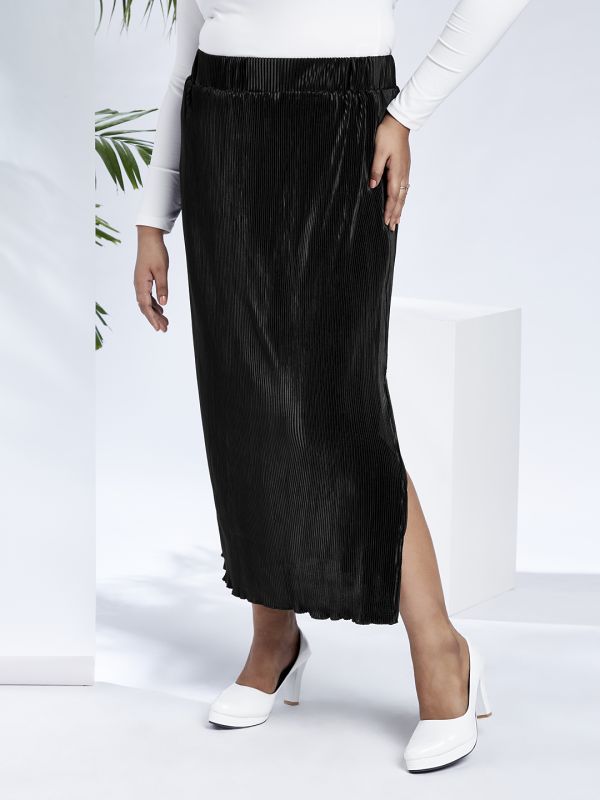Globus Gloplus Women Black Mid-Rise Accordion Pleats Side Slits Plus Size Straight Maxi Skirt