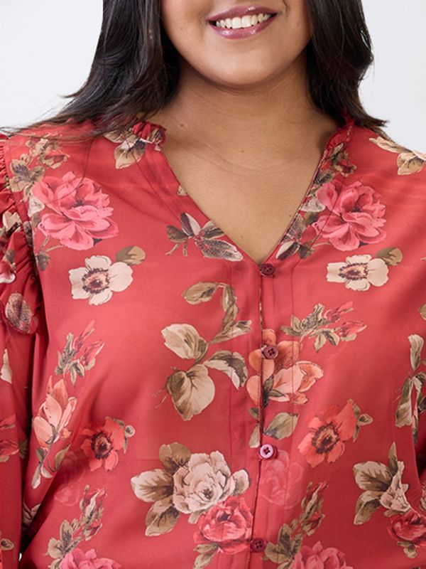 Globus Gloplus Women Red V-Neck Puff Sleeves Floral Print Ruffle Detail Plus Size Shirt