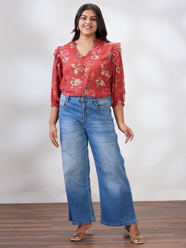 Globus Gloplus Women Red V-Neck Puff Sleeves Floral Print Ruffle Detail Plus Size Shirt