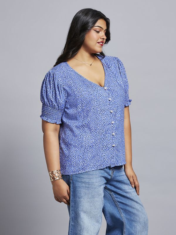 Globus Gloplus Women Blue Abstract Print V-neck Puff Sleeves Plus Size Workwear Top