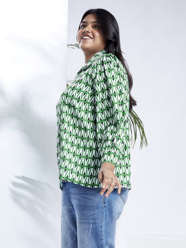 Globus Gloplus Women Green Collared Neck Puffed Cuff Sleeves Abstract Print Plus Size Shirt