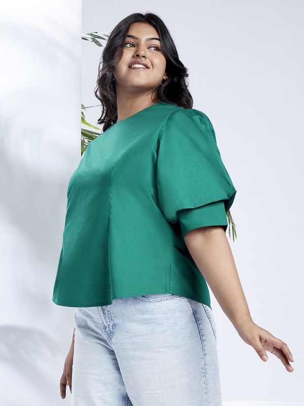 Globus Gloplus Women Green Puff Sleeves Round Neck Back Button Plus Size Shirt Style Workwear Top