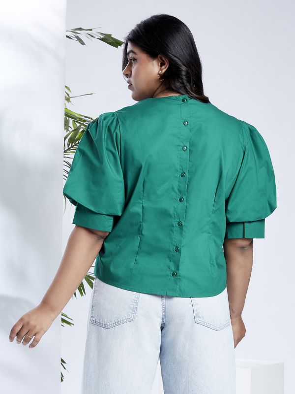 Globus Gloplus Women Green Puff Sleeves Round Neck Back Button Plus Size Shirt Style Workwear Top