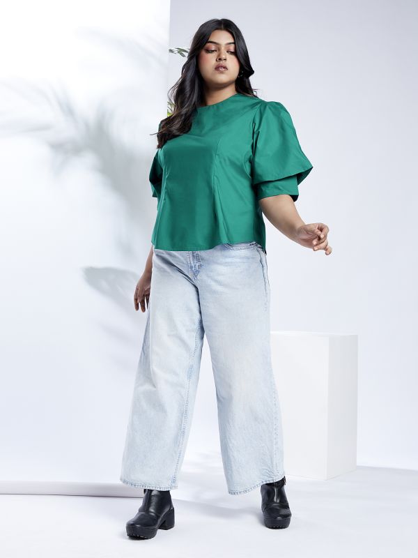 Globus Gloplus Women Green Puff Sleeves Round Neck Back Button Plus Size Shirt Style Workwear Top