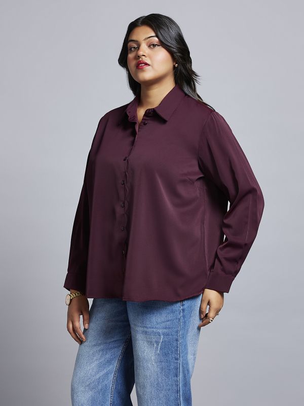 Globus Gloplus Women Wine Collared Neck Cuff Sleeves Shirt Style Plus Size Workwear Top