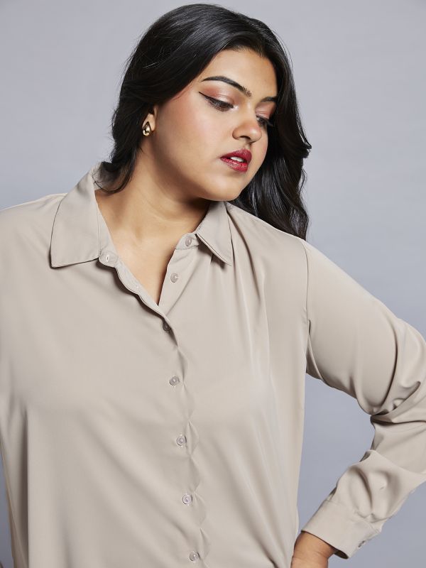 Globus Gloplus Women Beige Collared Neck Cuff Sleeves Shirt Style Plus Size Workwear Top