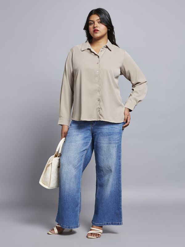Globus Gloplus Women Beige Collared Neck Cuff Sleeves Shirt Style Plus Size Workwear Top