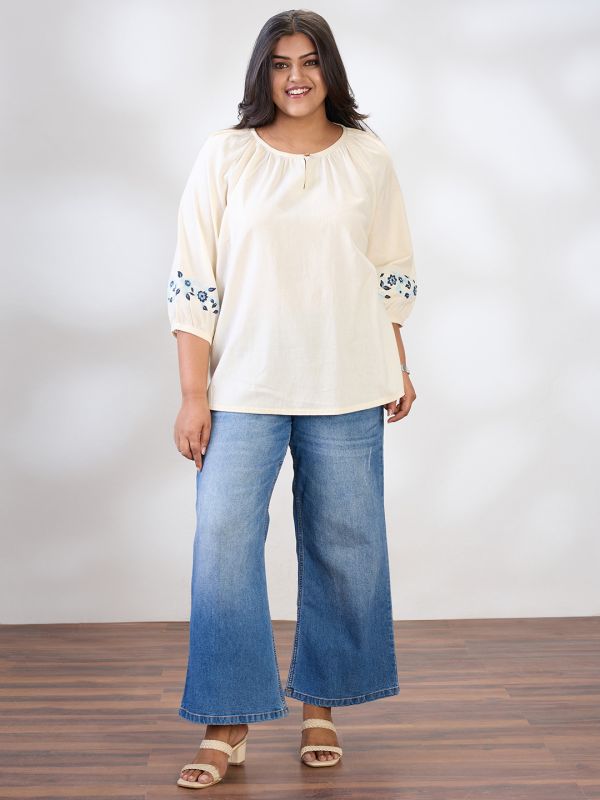 Globus Gloplus Women White Round Keyhole Neck Embroidered Raglan Sleeves Plus Size Workwear Top