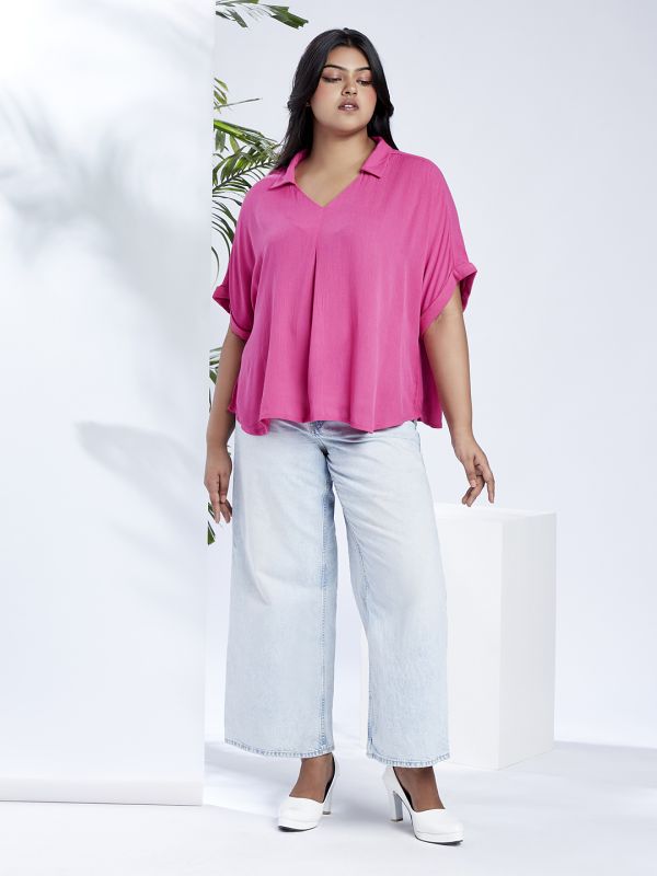 Globus Gloplus Women Pink Collared V-Neck Extended Sleeves Self Design Plus Size Top