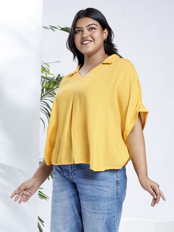Globus Gloplus Women Yellow Collared V-Neck Extended Sleeves Self Design Plus Size Top