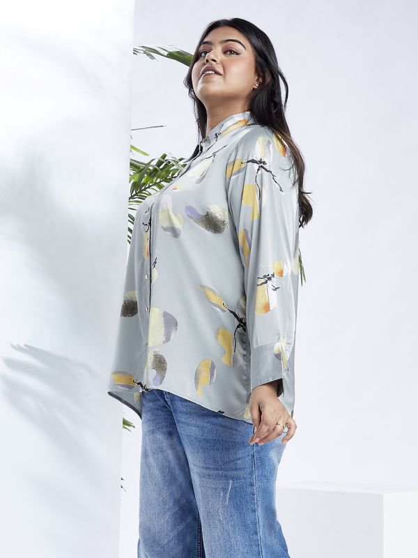 Globus Gloplus Women Blue Collared Neck Cuff Sleeves Abstract Print Plus Size Shirt