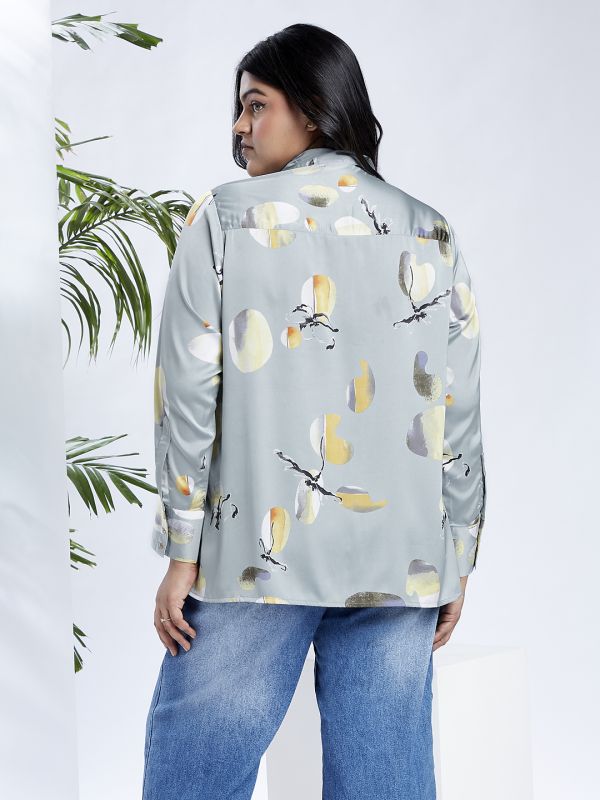 Globus Gloplus Women Blue Collared Neck Cuff Sleeves Abstract Print Plus Size Shirt