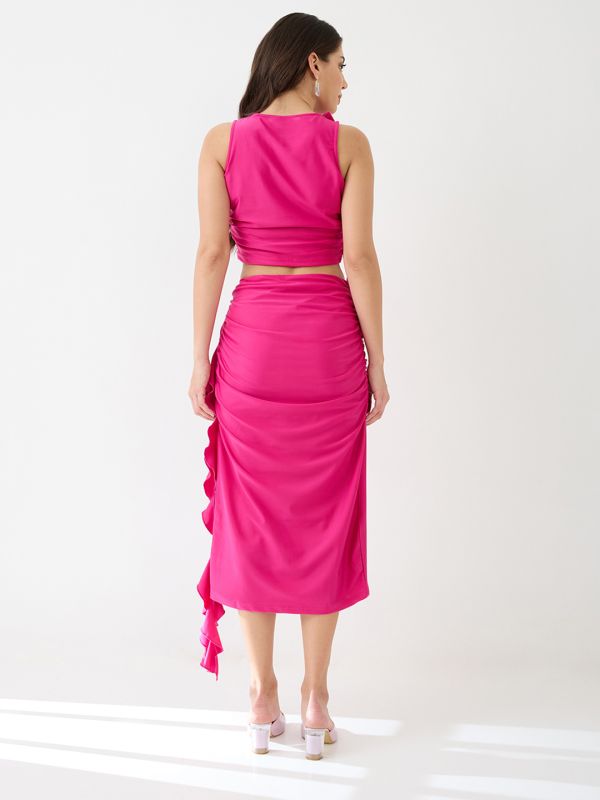 Globus Women Pink Round Neck Ruffles Detail Stretchable Bodycon Crop Top & Mid-Rise Midi Skirt Party Co-Ord Set