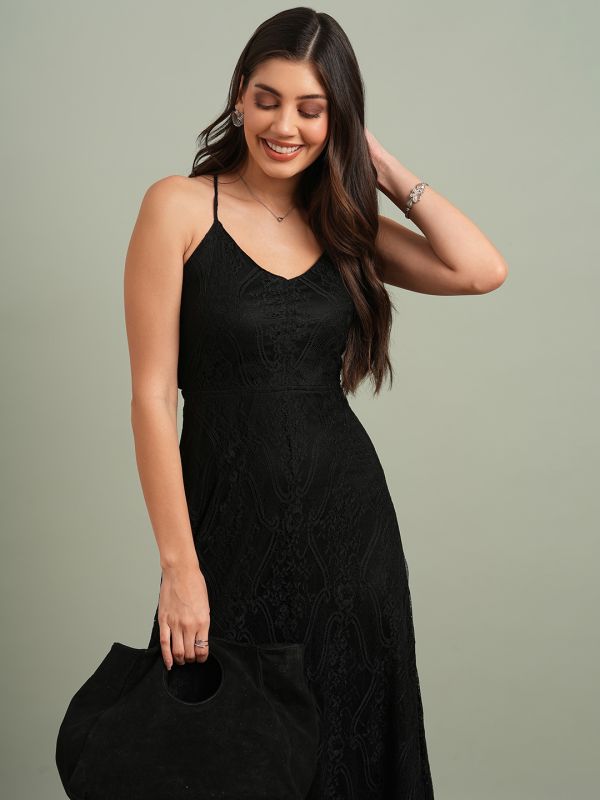Globus Women Black V-Neck Back Side Cross Strap Cut-Out Detail Lace Fit & Flare Maxi Party Dress
