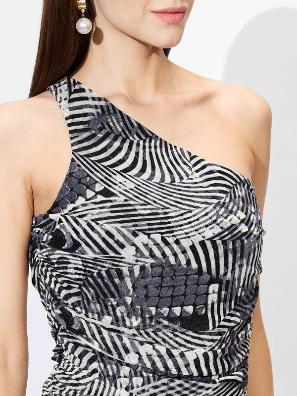 Globus Women Black One Shoulder Abstract Printed Curved Hem Ruched Midi Bodycon Party Dress