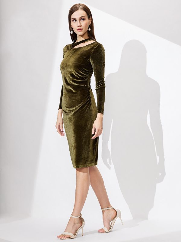 Globus Women Green Round Neck Long Sleeves Cut-Out Detail Velvet Knee Length Bodycon Party Dress