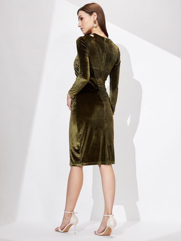 Globus Women Green Round Neck Long Sleeves Cut-Out Detail Velvet Knee Length Bodycon Party Dress