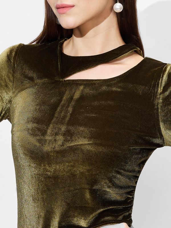 Globus Women Green Round Neck Long Sleeves Cut-Out Detail Velvet Knee Length Bodycon Party Dress