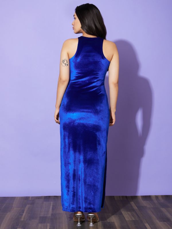 Globus Women Blue Halter Neck Stretchable Solid Maxi Bodycon Party Dress