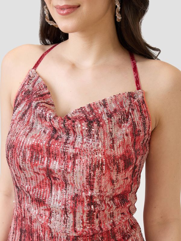 Globus Women Red Cowl Neck Strappy Sleeves Stylized Back Sequinned Mini Bodycon Party Dress