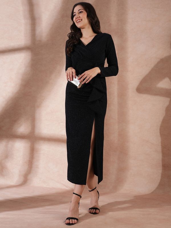 Globus Women Navy Blue Long Sleeves V-Neck Ruffle Detail Shimmer Side Slit Bodycon Maxi Party Dress