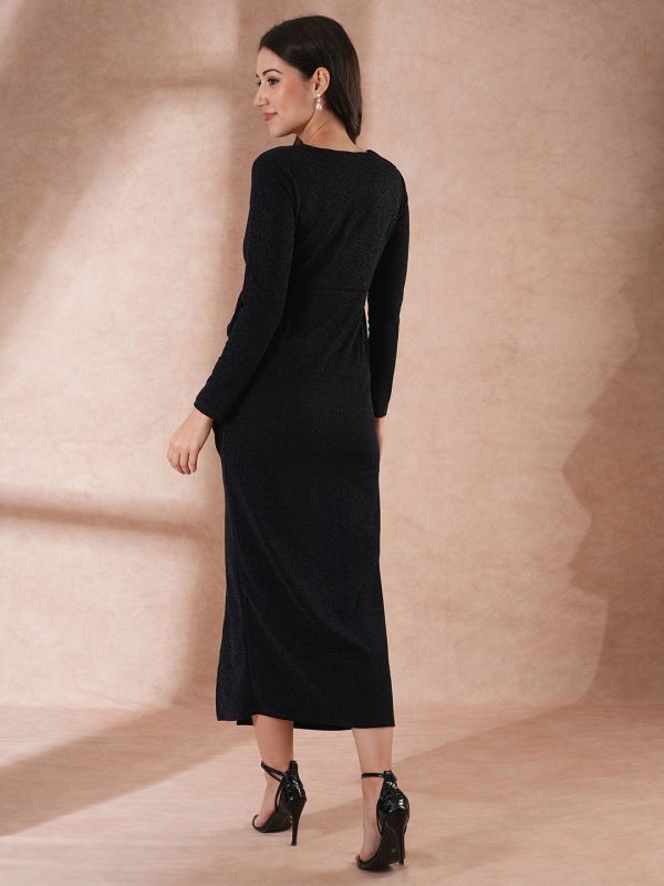 Globus Women Navy Blue Long Sleeves V-Neck Ruffle Detail Shimmer Side Slit Bodycon Maxi Party Dress