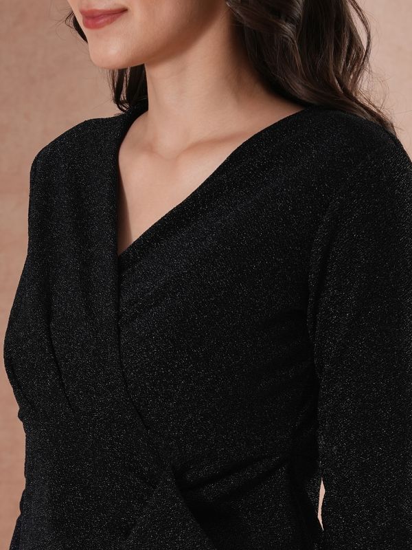 Globus Women Navy Blue Long Sleeves V-Neck Ruffle Detail Shimmer Side Slit Bodycon Maxi Party Dress