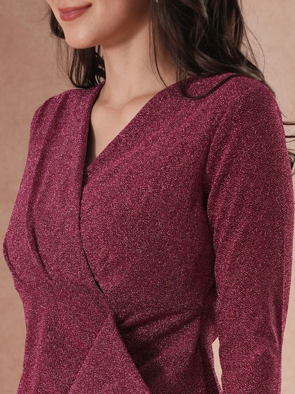 Globus Women Pink Long Sleeves V-Neck Ruffle Detail Shimmer Side Slit Bodycon Maxi Party Dress