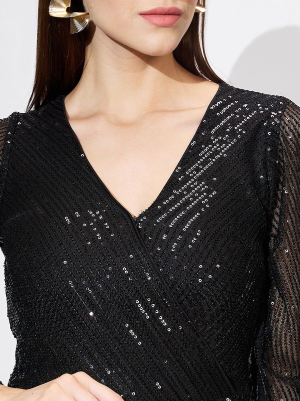 Globus Women Black Wrap Neck Bishop Sleeves Sequinned Mini Bodycon Party Dress