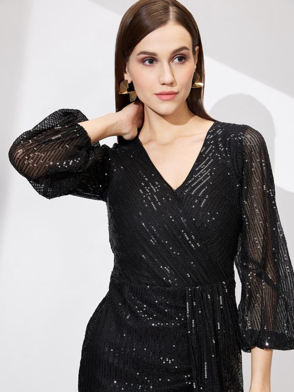 Globus Women Black Wrap Neck Bishop Sleeves Sequinned Mini Bodycon Party Dress