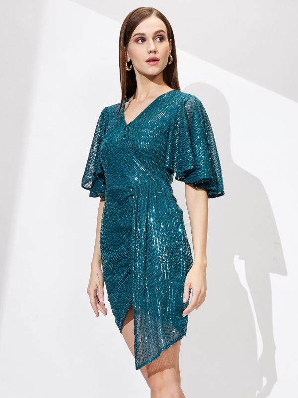 Globus Women Teal Wrap Neck Flared Sleeves Sequinned Mini Bodycon Party Dress