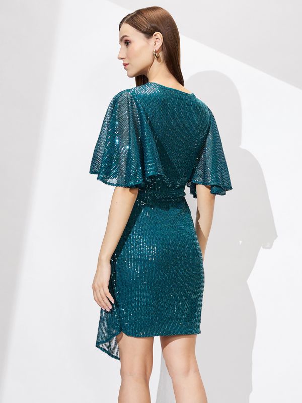 Globus Women Teal Wrap Neck Flared Sleeves Sequinned Mini Bodycon Party Dress