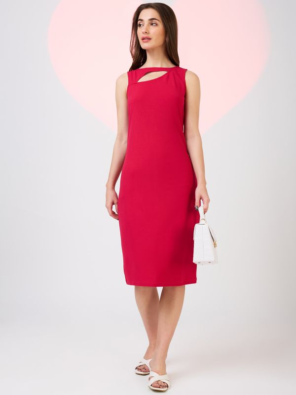 Globus Women Pink Cut Out Detail Boat Neck Solid Back Slit Midi Sheath Party Dress