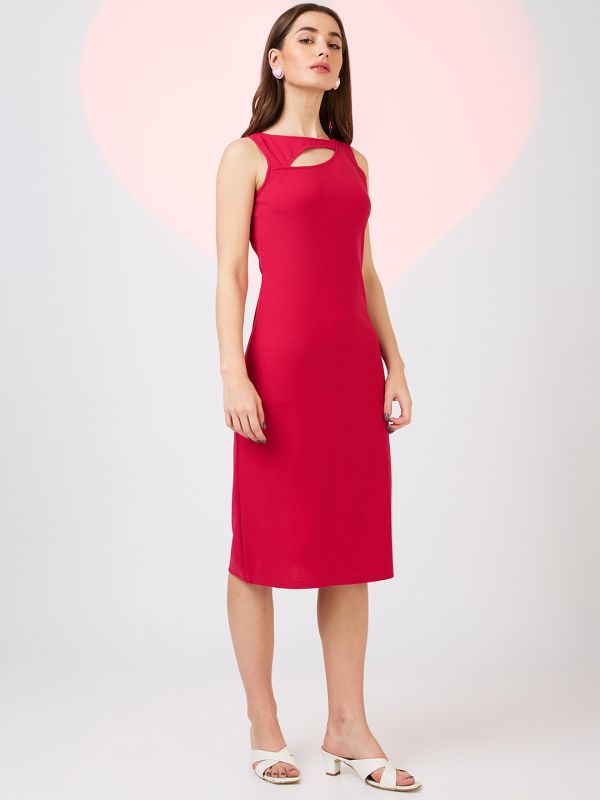 Globus Women Pink Cut Out Detail Boat Neck Solid Back Slit Midi Sheath Party Dress