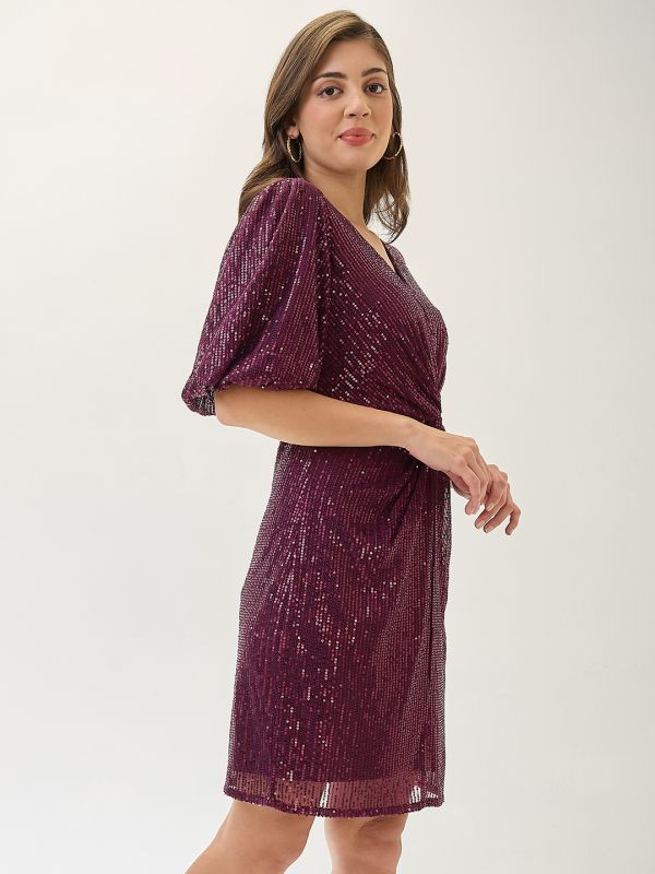 Globus Women Burgundy V-Neck Puff Sleeves Twisted Detail Sequinned Mini Sheath Party Dress