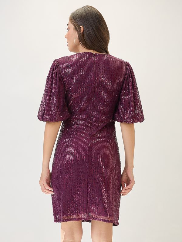 Globus Women Burgundy V-Neck Puff Sleeves Twisted Detail Sequinned Mini Sheath Party Dress