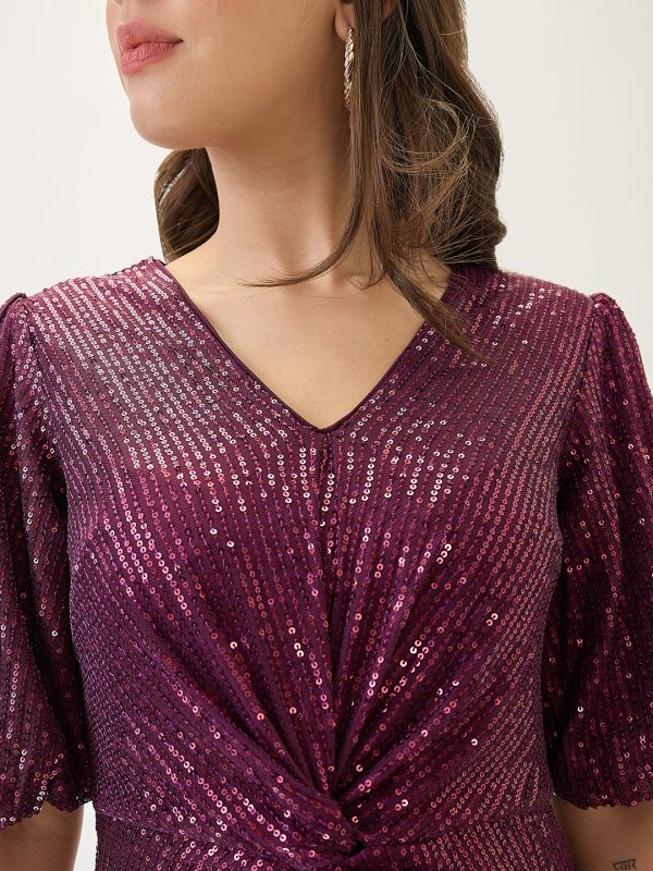 Globus Women Burgundy V-Neck Puff Sleeves Twisted Detail Sequinned Mini Sheath Party Dress