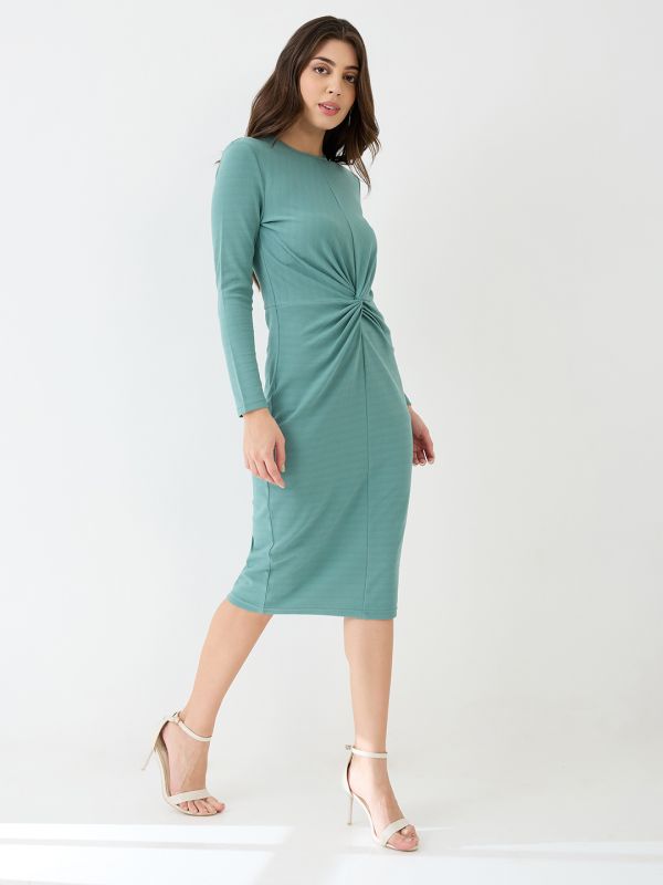 Globus Women Mint Green Round Neck Long Sleeves Solid Twisted Detail Midi Bodycon Party Dress