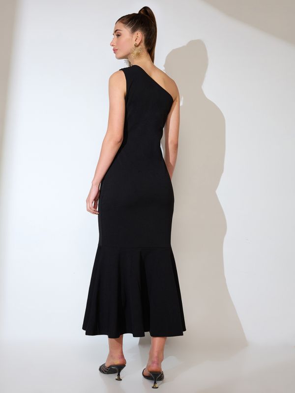 Globus Women Black One Shoulder Flared Hem Maxi Bodycon Party Dress
