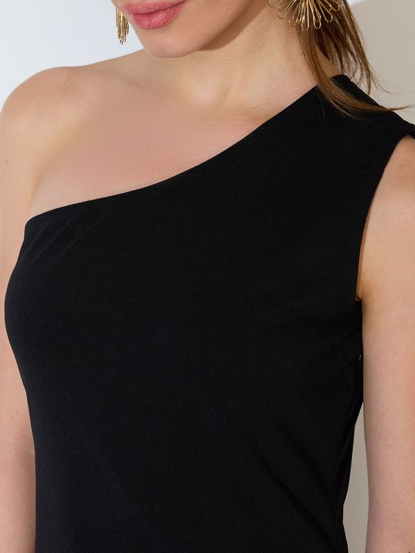Globus Women Black One Shoulder Flared Hem Maxi Bodycon Party Dress