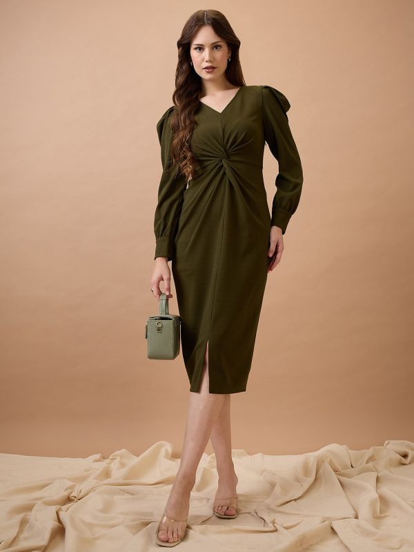 Globus Women Olive V-Neck Cuffed Sleeves Twisted Detail Midi Bodycon Party Dress