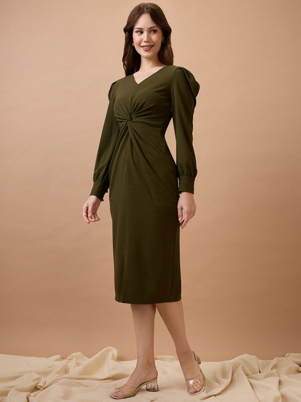 Globus Women Olive V-Neck Cuffed Sleeves Twisted Detail Midi Bodycon Party Dress