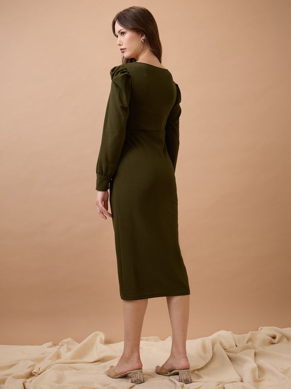 Globus Women Olive V-Neck Cuffed Sleeves Twisted Detail Midi Bodycon Party Dress