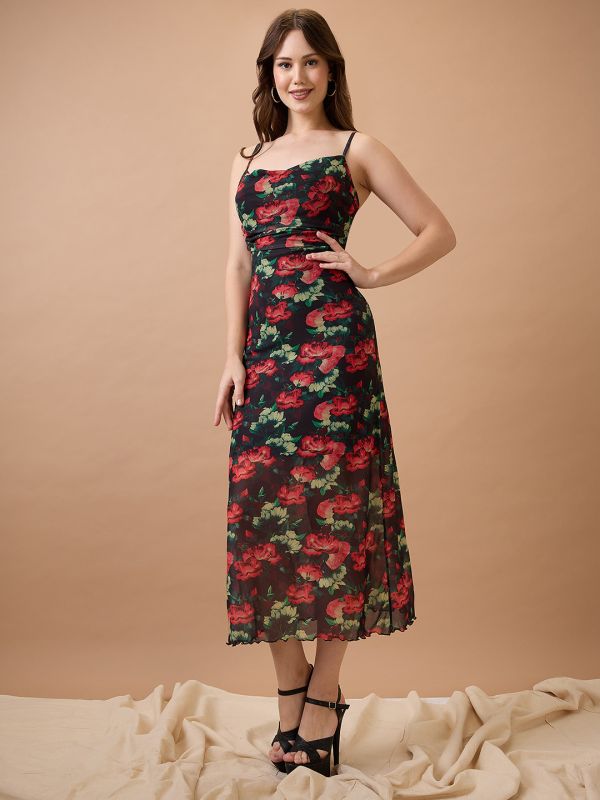Globus Women Black Floral Print Strappy Sleeves Cowl Neck Back Tie-Up Midi Bodycon Party Dress