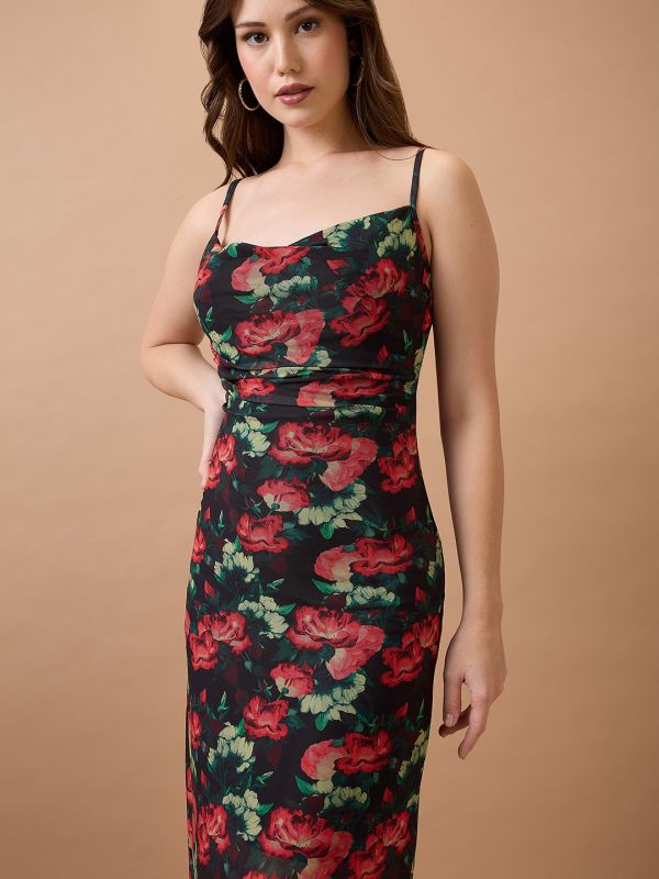 Globus Women Black Floral Print Strappy Sleeves Cowl Neck Back Tie-Up Midi Bodycon Party Dress
