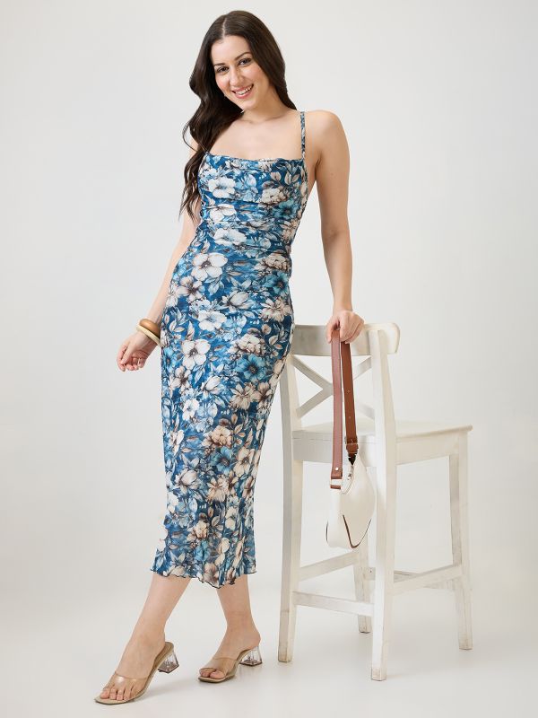 Globus Women Blue Floral Printed Cowl Neck Strappy Sleeves Back Tie-Up Ruched Midi Bodycon Party Dress