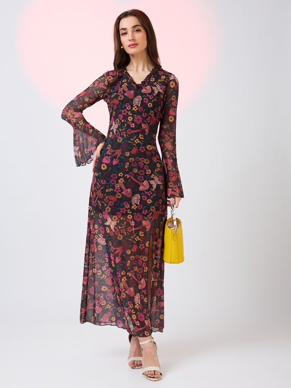 Globus Women Multicolor Frilled V-Neck Bell Sleeves Floral Print Front Slit Net Midi Bodycon Party Dress