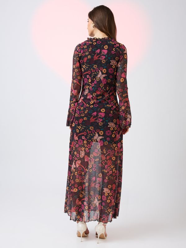Globus Women Multicolor Frilled V-Neck Bell Sleeves Floral Print Front Slit Net Midi Bodycon Party Dress