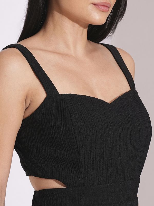 Globus Women Black Self Design Sweetheart Neck Strappy Shoulder Waist Cut-Out Detail Sheath Party Dress